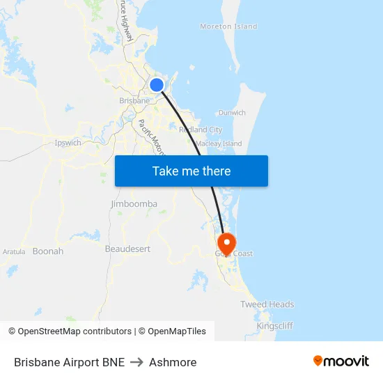 Brisbane Airport BNE to Ashmore map