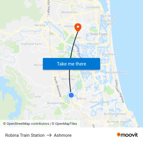 Robina Train Station to Ashmore map