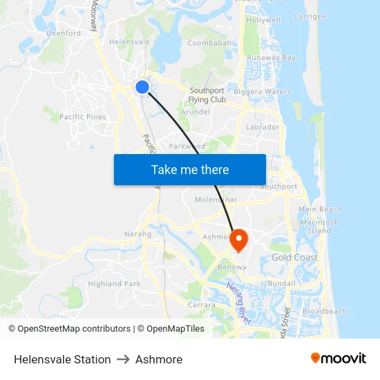 Helensvale Station to Ashmore map