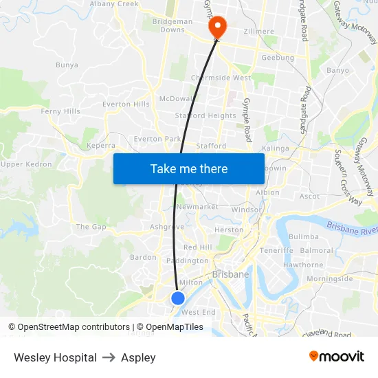 Wesley Hospital to Aspley map