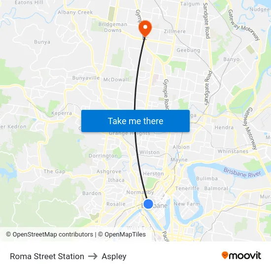 Roma Street Station to Aspley map