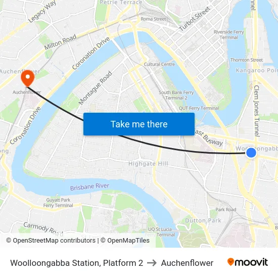 Woolloongabba Station, Platform 2 to Auchenflower map