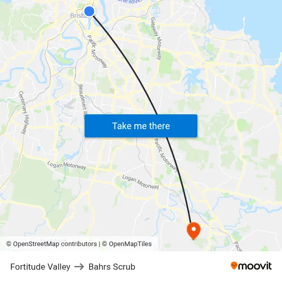 Fortitude Valley to Bahrs Scrub map
