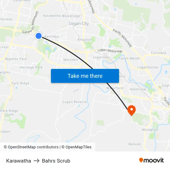 Karawatha to Bahrs Scrub map