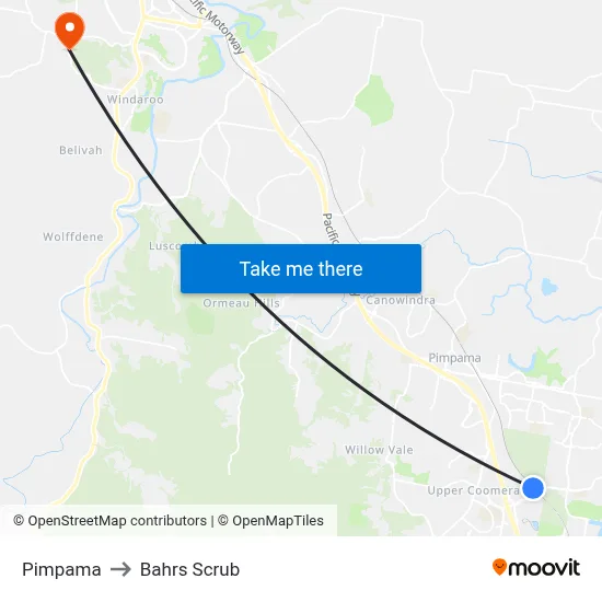 Pimpama to Bahrs Scrub map