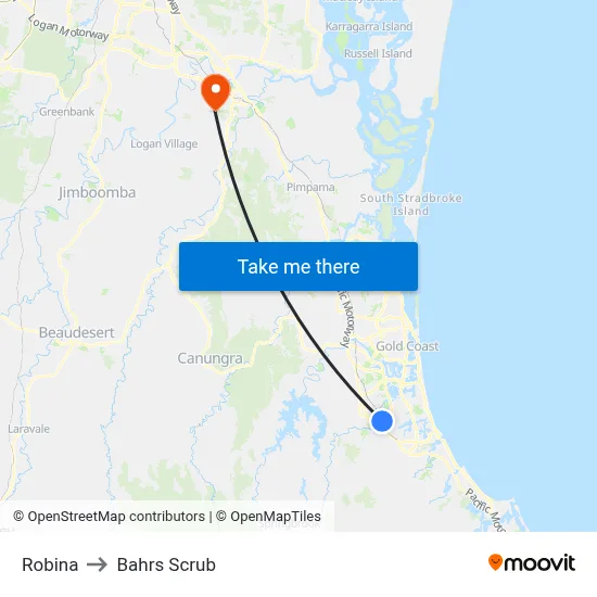 Robina to Bahrs Scrub map