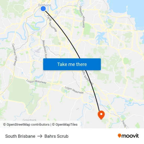South Brisbane to Bahrs Scrub map