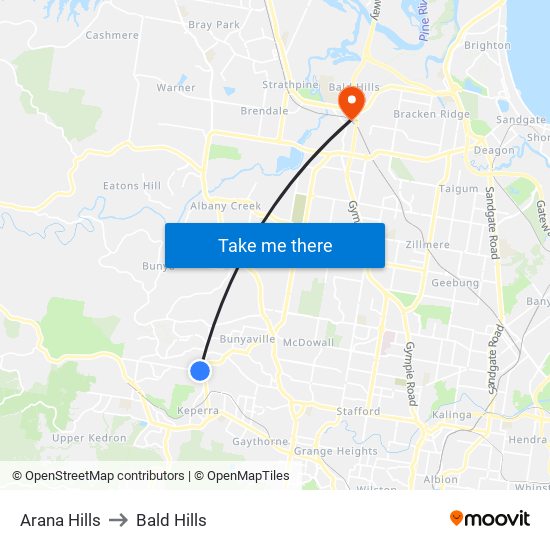 Arana Hills to Bald Hills map