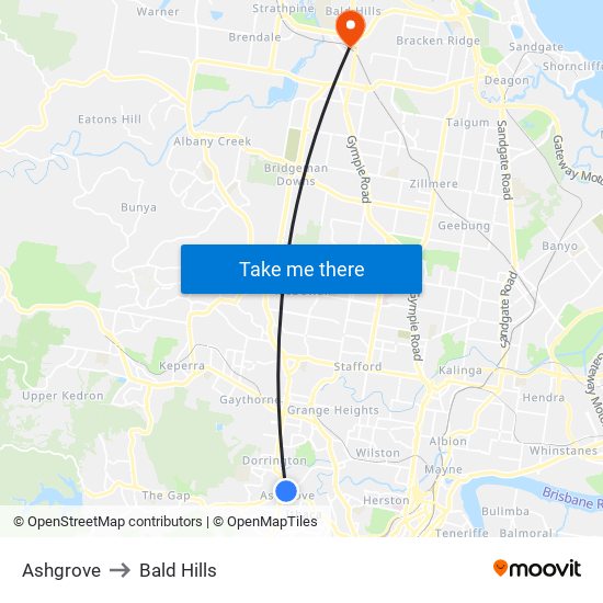 Ashgrove to Bald Hills map