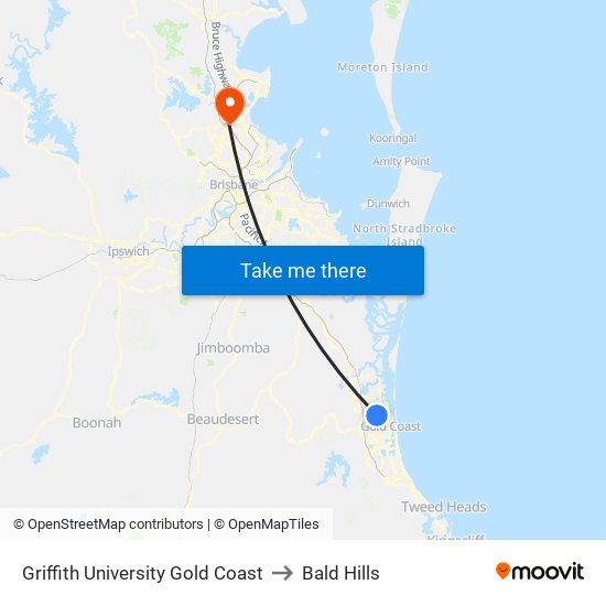 Griffith University Gold Coast to Bald Hills map