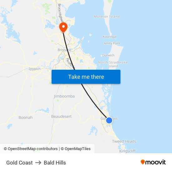 Gold Coast to Bald Hills map