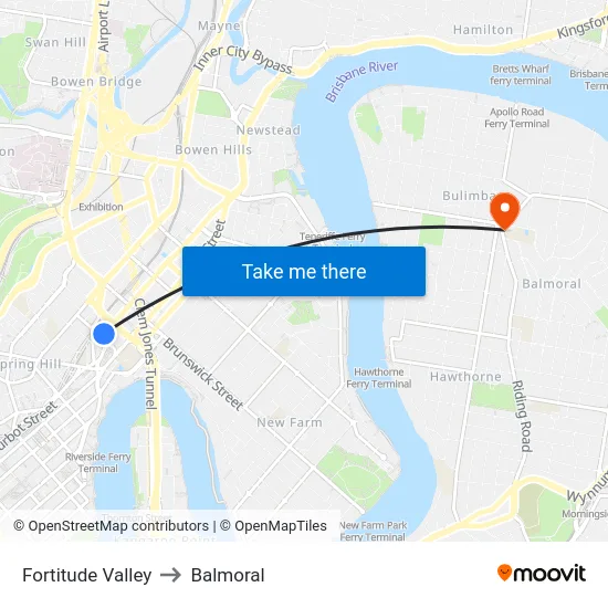Fortitude Valley to Balmoral map