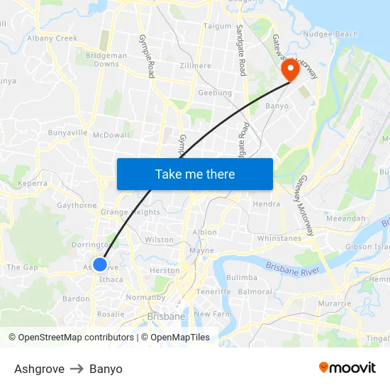 Ashgrove to Banyo map