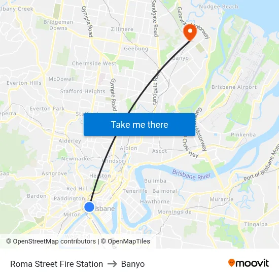 Roma Street Fire Station to Banyo map