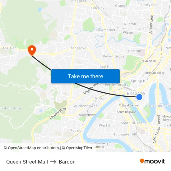 Queen Street Mall to Bardon map