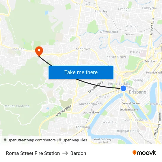 Roma Street Fire Station to Bardon map