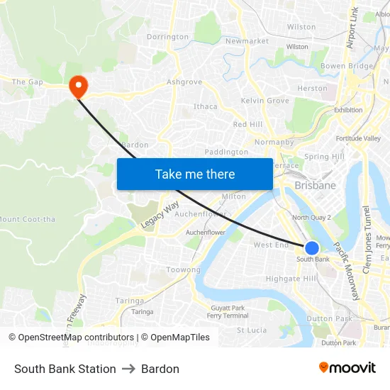 South Bank Station to Bardon map
