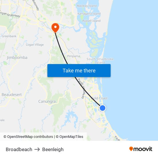 Broadbeach to Beenleigh map