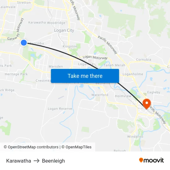 Karawatha to Beenleigh map
