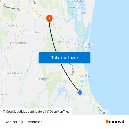 Robina to Beenleigh map