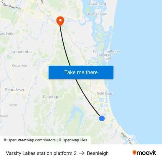 Varsity Lakes station platform 2 to Beenleigh map