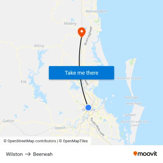 Wilston to Beerwah map