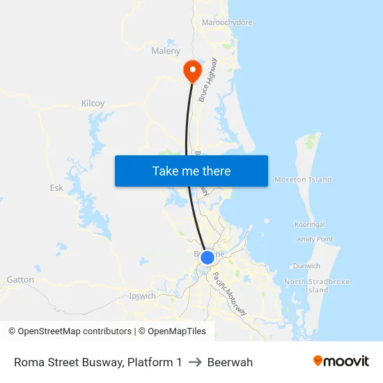 Roma Street Busway, Platform 1 to Beerwah map