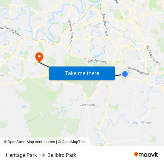 Heritage Park to Bellbird Park map