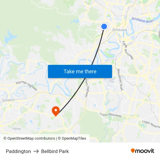 Paddington to Bellbird Park map