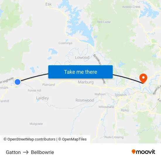 Gatton to Bellbowrie map