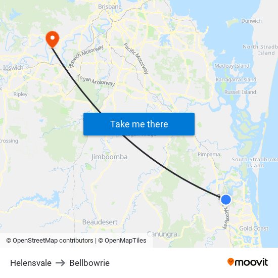 Helensvale to Bellbowrie map