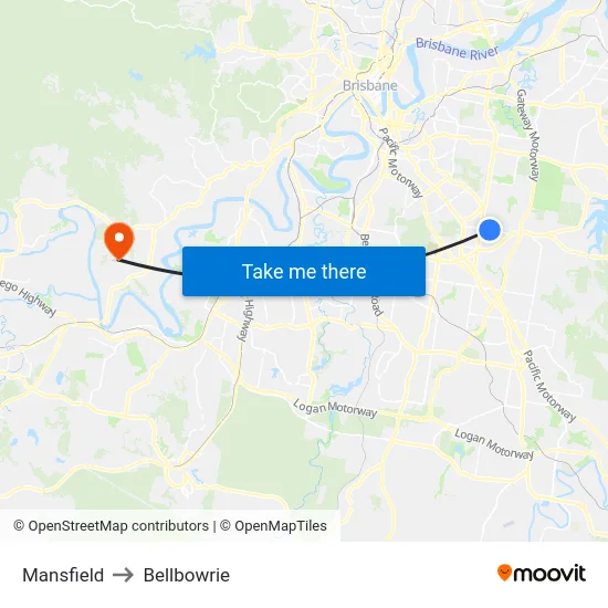 Mansfield to Bellbowrie map
