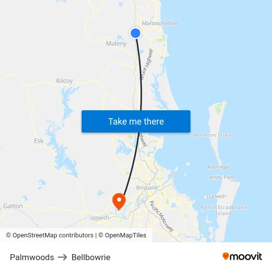 Palmwoods to Bellbowrie map