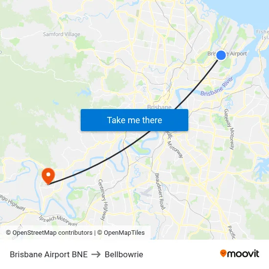 Brisbane Airport BNE to Bellbowrie map