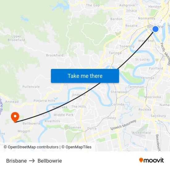 Brisbane to Bellbowrie map