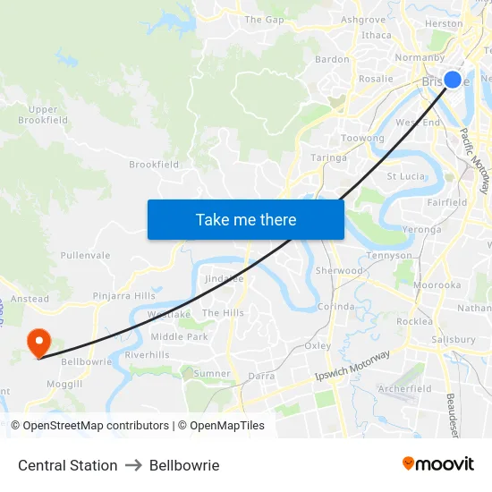Central Station to Bellbowrie map