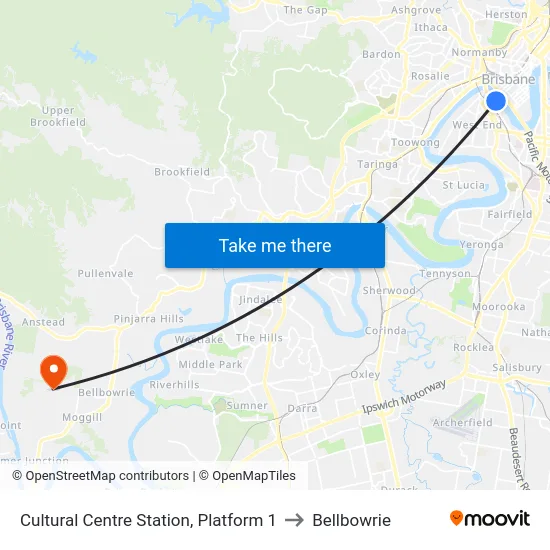 Cultural Centre Station, Platform 1 to Bellbowrie map