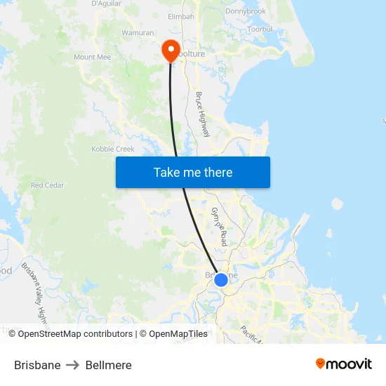 Brisbane to Bellmere map