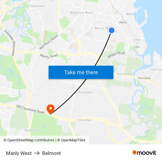 Manly West to Belmont map