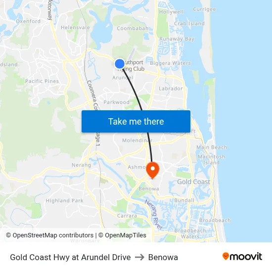 Gold Coast Hwy at Arundel Drive to Benowa map