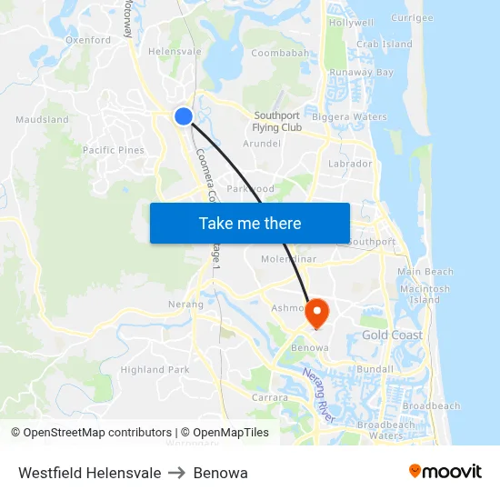 Westfield Helensvale to Benowa map