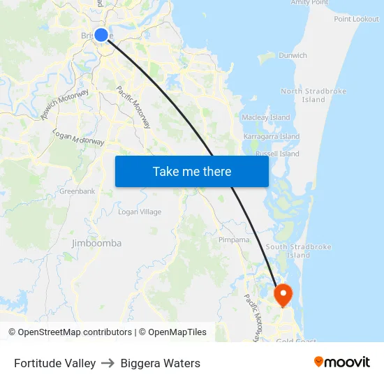 Fortitude Valley to Biggera Waters map