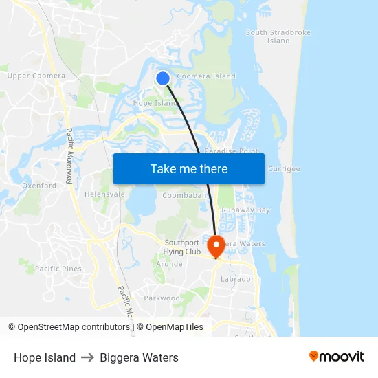 Hope Island to Biggera Waters map