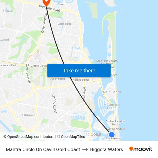 Mantra Circle On Cavill Gold Coast to Biggera Waters map