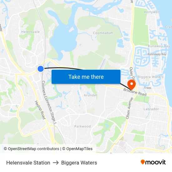 Helensvale Station to Biggera Waters map