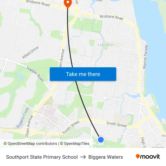 Southport State Primary School to Biggera Waters map