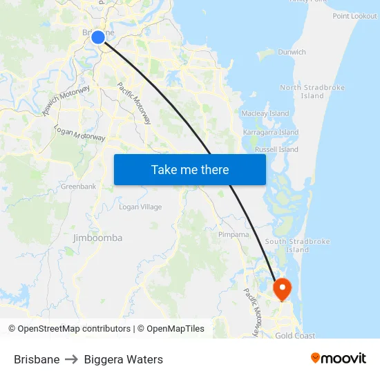 Brisbane to Biggera Waters map