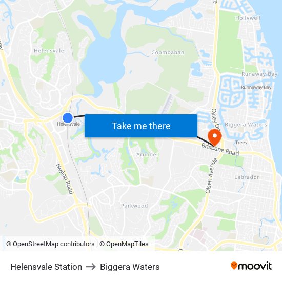 Helensvale Station to Biggera Waters map