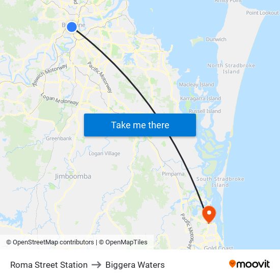 Roma Street Station to Biggera Waters map