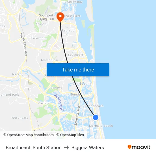 Broadbeach South Station to Biggera Waters map